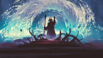 Foto op Plexiglas wizard conjure up a huge water vortex in the background., digital art style, illustration painting © grandfailure