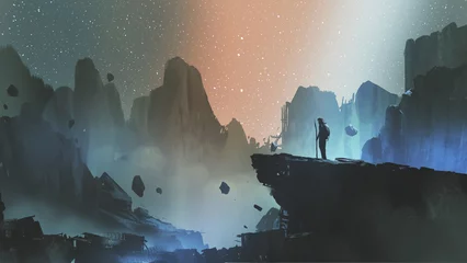  man standing on cliff looking mountains view with starry sky, digital art style, illustration painting © grandfailure