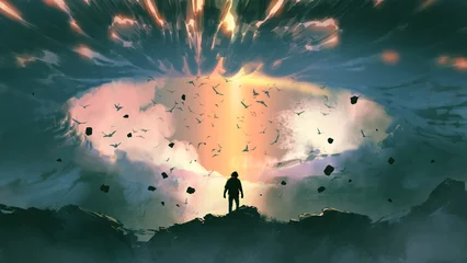 Keuken foto achterwand Grandfailure man standing on top of the mountain, looking at the dark sky with beam of light coming from above, digital art style, illustration painting