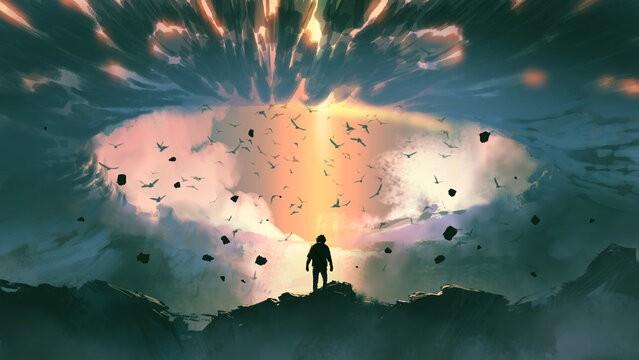 Fototapeta man standing on top of the mountain, looking at the dark sky with beam of light coming from above, digital art style, illustration painting