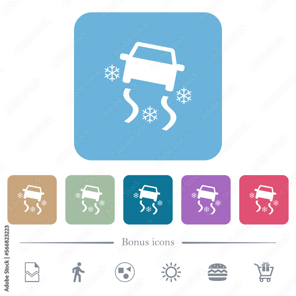 Poster snowy road dashboard indicator flat icons on color rounded square backgrounds