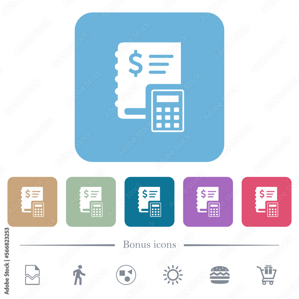 Poster dollar ledger flat icons on color rounded square backgrounds