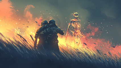 soldier carries his teammate through the field and encountering a fire skeleton, digital art style, illustration painting