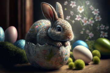 Fototapeta na wymiar easter bunny seeks shelter in easter egg made with Generative AI 