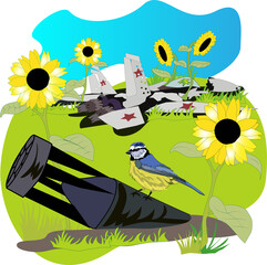 A crashed military plane, on green grass among sunflowers, and a tit sitting on a failed aerial bomb. the concept of stopping the war, senselessness of aggression, saving life. meme about the war