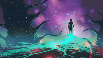 Foto op Plexiglas man walks on a green path of light in a fantasy land, digital art style, illustration painting © grandfailure