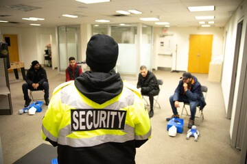 A CPR training class is conducted by a security guard in an office.
