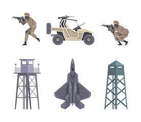 Military Man with Rifle, Aircraft, Tower and Car as Transportation Vehicle Used in Army Vector Set