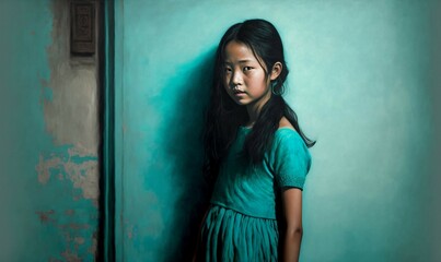 Young asian girl. Sadness concept, charity, orphanhood. Generative AI. 