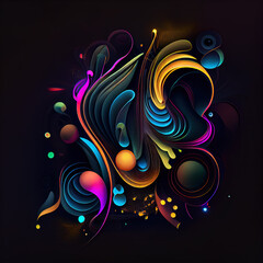 Dark background with neon abstract colorful flowers and geometric form. Ai generated