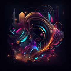 Dark background with neon abstract colorful flowers and geometric form. Ai generated