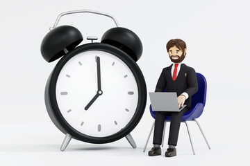 Businessman working using laptop online business with big alarm clock, work on time, 3D render.