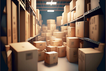 cardboard boxes abound in the inventory in the contemporary warehouse storage of the retail store. - obrazy, fototapety, plakaty