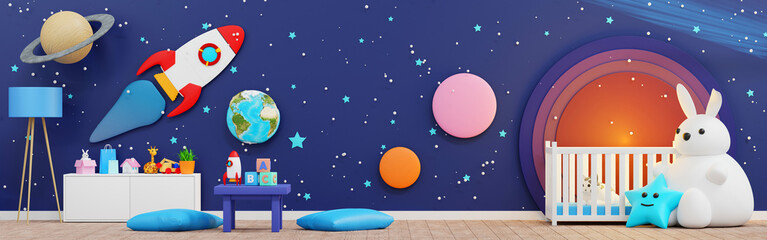 Baby kid room wall rocket planet space adventure, doll and toy, Template Horizontal Banner header Website, 3D render. - 566824685