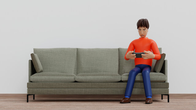 Young man play game with gamepad controller in armchair, e-sport and cyber gaming concept, 3D rendering cartoon character.