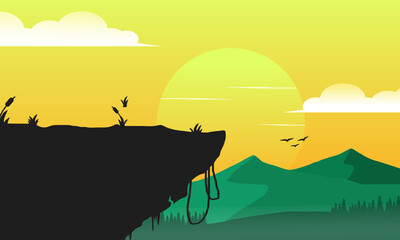 Silhouette of Cliff With Valley And Mountains at Sunset background Illustration. Forest Vector Landscape Illustration