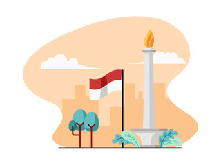 Illustration of flat design of Monas with Indonesian Flag - Flat design vector illustration