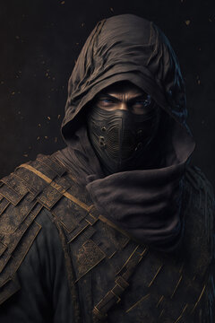 Portrait of an assassin man in hood and face mask created with Generative AI Technology