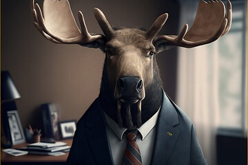 Portrait of moose in a business suit, at the office made by generative ai