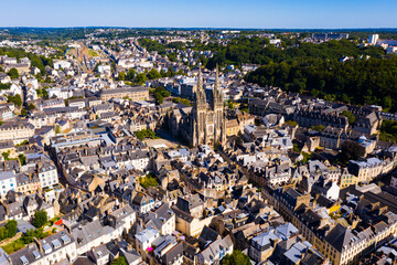 Aerial view of Quimper town and gothic Cathedral of Saint Corentin, France