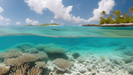 Naklejka na ściany i meble seascape in the shallow water of the coral reef in caribbean sea, Generative AI