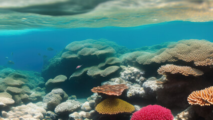 Naklejka premium seascape in the shallow water of the coral reef in caribbean sea, Generative AI