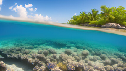 seascape in the shallow water of the coral reef in caribbean sea, Generative AI