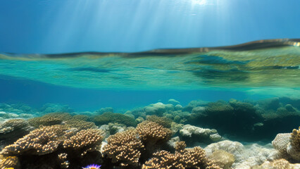 Fototapeta na wymiar seascape in the shallow water of the coral reef in caribbean sea, Generative AI