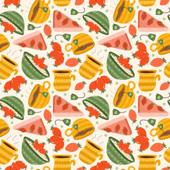 Cute and colorful vector seamless hand drawn pattern with cheesecake, strawberries, mug of tea, cup of coffee, oatmeal. Can be used for wrapping paper, bedclothes, notebook, packages, gift paper.