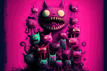 group of funny cats strange monsters created with Generative AI technology