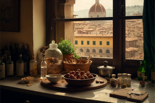 Traditional Italian Kitchen overlooking Florence, Italy