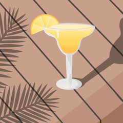 Tropical cocktail with lemon slice and sugar rim. Refreshing summer drink in glass, citrus beverage for beach party, bar menu, holiday, exotic fruit cocktail illustration isolated on background.