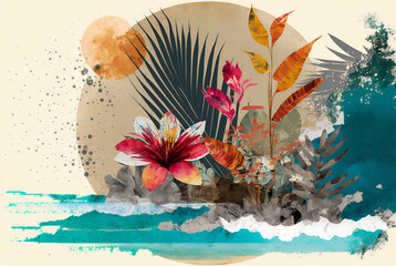Fototapeta na wymiar Tropical Beach Collage, Tropical, Generative AI