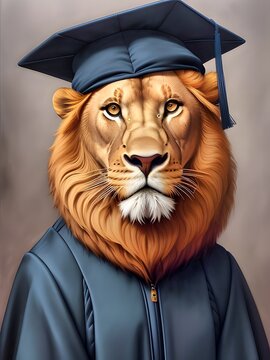 Retrato realista de un león vestido con una toga y birrete de graduación, IA Generativa