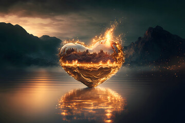 Burning heart in the water. A golden heart against a mountain landscape. Genenative AI