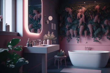 Romantic pink contemporary bathroom, bright and elegant love themed modern interior design. Generative AI.