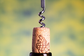 Corkscrew pulls out a cork from the bottle of wine. Close-up, Blurred background. space for text.