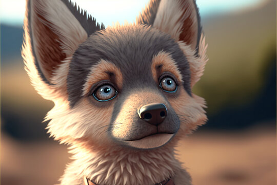 Cute smiling cartoon wolf Character, Generative AI.