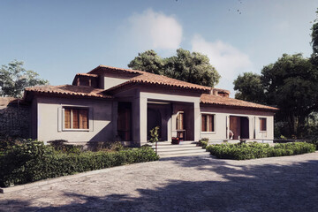 Fototapeta na wymiar Front view of modern designed villa or residential house in tropical style, Generative AI illustration