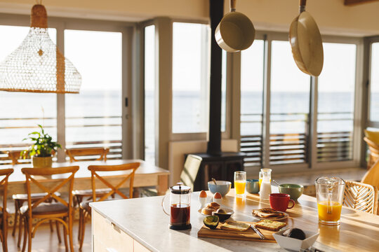 General view of luxury kichen interior with countertop and table