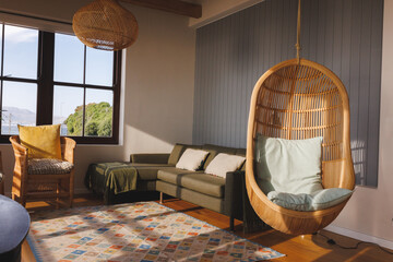 General view of luxury living room interior with armchairs, sofa and hanging basket chair