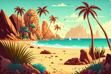 Fototapeta na wymiar cartoon illustration, sandy beach with palm ,trees, and mountains, generative AI