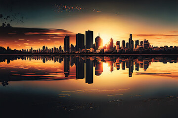 Fototapeta premium A panoramic view of a city skyline at sunset with reflections on the water, sunset, city, skyline, water, sky, cityscape, building, architecture, sunrise, skyscraper, silhouette, urban, sun, travel, 