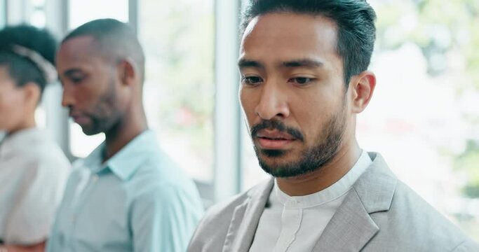 Hiring, recruitment and nervous business people waiting for interview, anxiety or panic group in room. Stress, job opportunity and candidates anxious, worry and overwhelmed fore HR meeting or vacancy