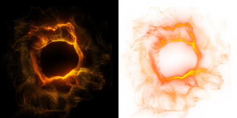 Fototapeta A flare radiates with a fiery energy, its bright light glowing with an abstract ring.  Ring of plasma and flame on black and transparent PNG background.  obraz