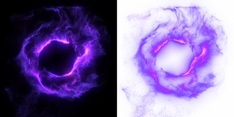 Gordijnen Magic ring particles. Abstract purple circle, portal on black and transparent PNG background. © Quardia Inc.