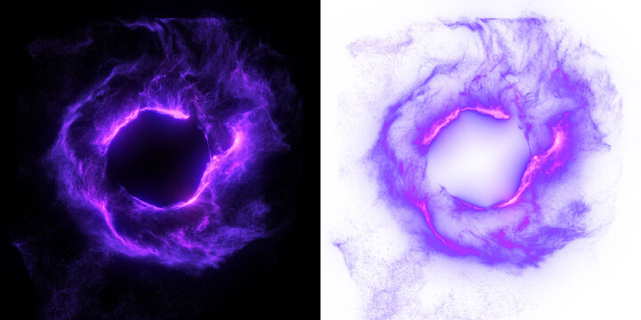 Magic ring particles. Abstract purple circle, portal on black and transparent PNG background.
