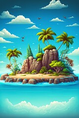 Obraz na płótnie Canvas cartoon illustration, landscape of tropical island in the ocean generative , AI