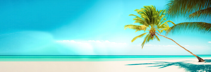 Panorama banner of idyllic tropical beach with palm tree. Views of the ocean from a beach. digital art
