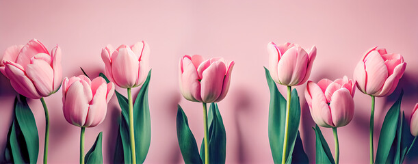 Set of tulip flowers isolated on pink background. Beautiful pink tulip flower on stem with leaves closeup. Natural design element to Women's Day, Valentines Day, mothers day, birthday. digital art
